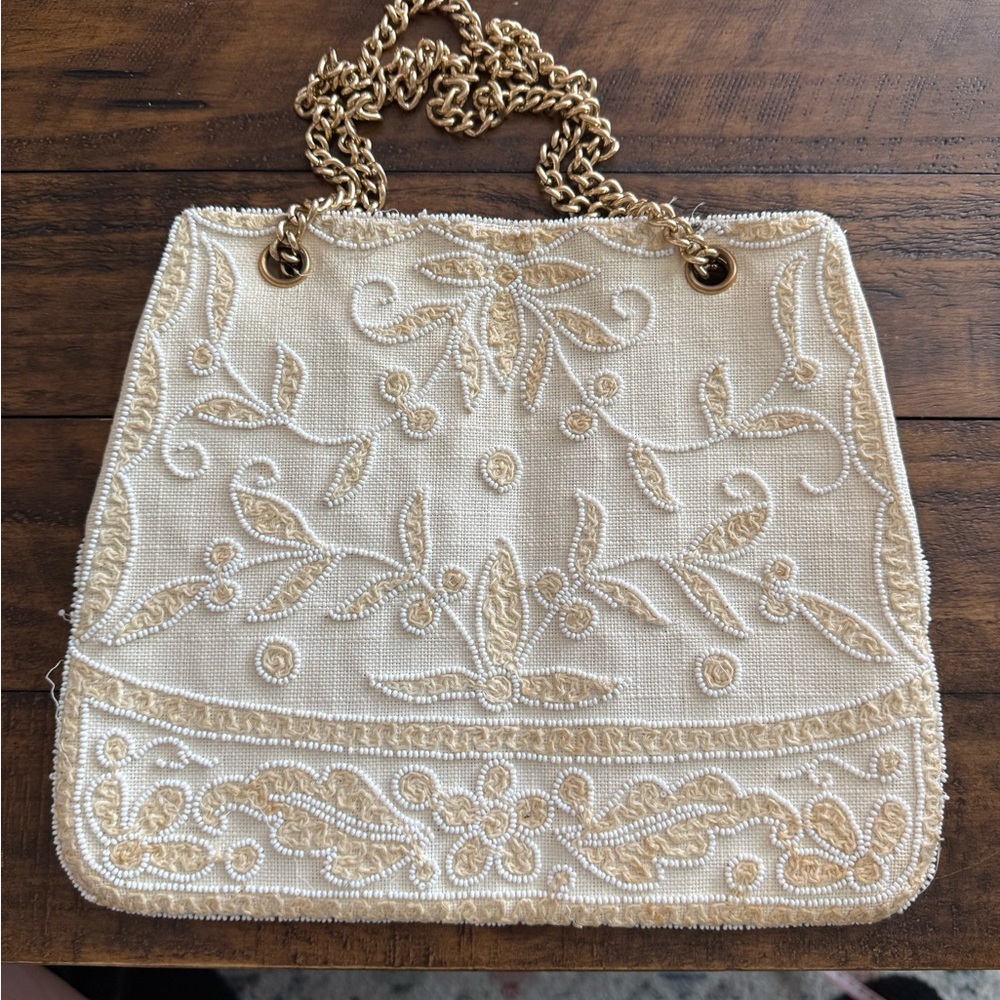 Vintage Cream Embroidered Intricate Shoulder Bag Made in France The Carib Shop - Picture 1 of 6